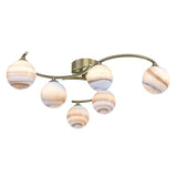 6 Light Semi Flush Antique Brass With Planet Style Glass