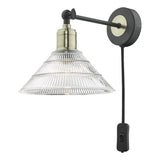 BOY0775 Single Wall Light Antique Brass & Matt Black With Ribbed Glass Shade - Plug In