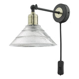 Single Wall Light Antique Brass & Matt Black With Ribbed Glass Shade - Plug In