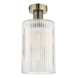 Semi Flush Antique Brass Cylinder Ribbed Glass