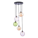 FED0522-MIX 5 Light Cluster Pendant Matt Black Mixed Coloured Dimpled 150Mm Glass