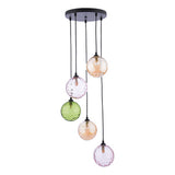5 Light Cluster Pendant Matt Black Mixed Coloured Dimpled 150Mm Glass