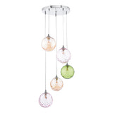 FED0550-MIX 5 Light Cluster Pendant Polished Chrome Mixed Coloured Dimpled 150Mm Glass