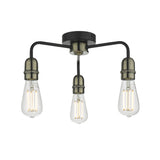 3 Light Flush Black & Antique Brass