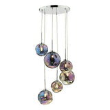 MIR0655 6 Light Cluster Pendant Polished Chrome Iridised Glass