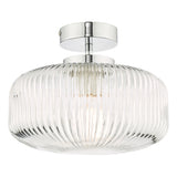 RIV5208 Bathroom Semi Flush Ceiling Light Ribbed Glass Polished Chrome Ip44