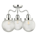 3 Light Bathroom Semi Flush Polished Chrome Ribbed Glass Ip44