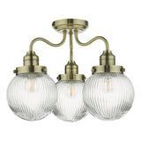3 Light Bathroom Semi Flush Antique Brass Ribbed Glass Ip44
